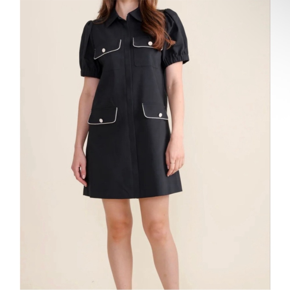 Black Puff-Sleeve Mini Dress with Contrast Pocket Trim